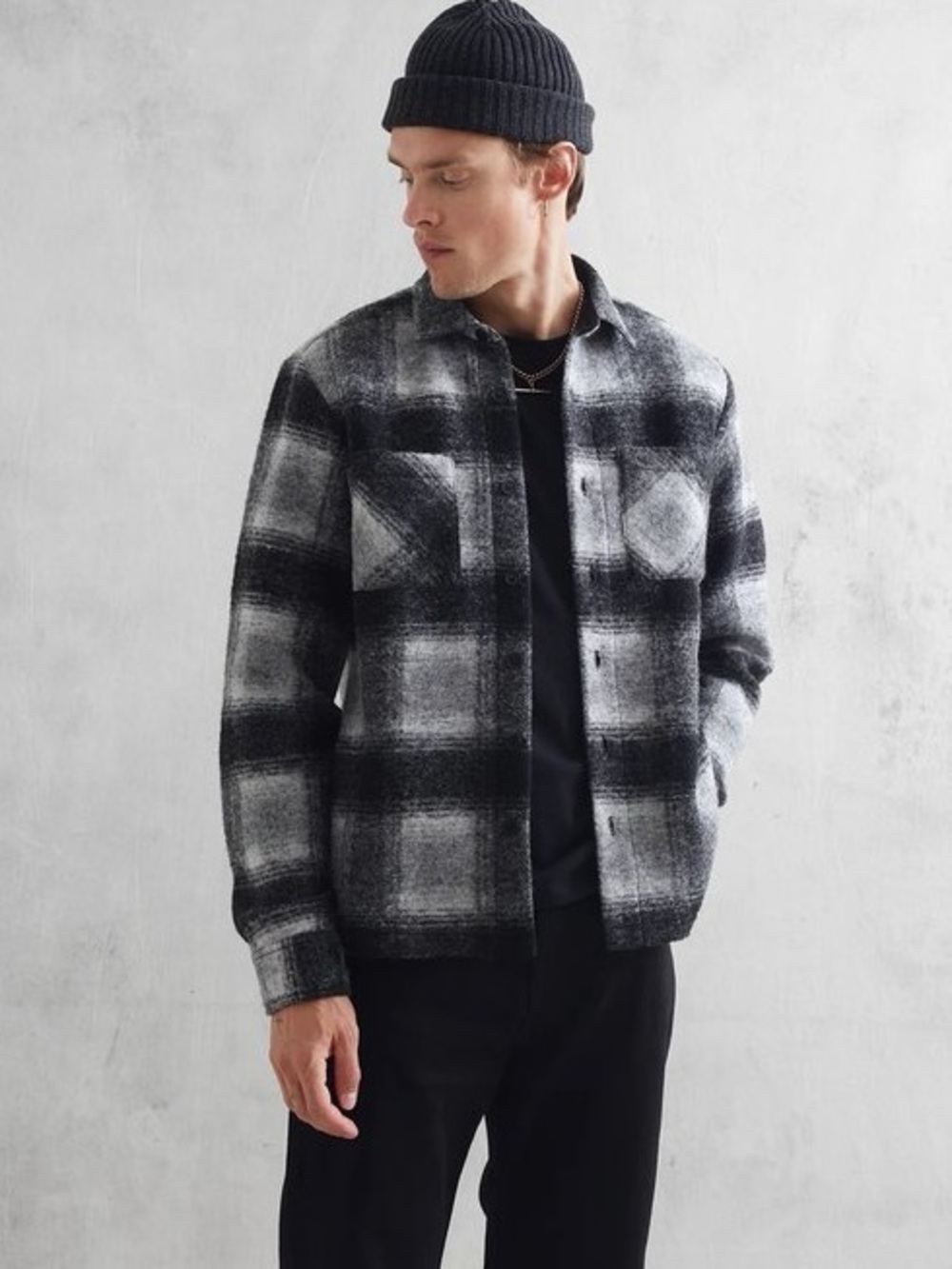 Wax London Whiting Overshirt Charcoal Pine Plaid Button Up Shirt Jacket Mens Siz